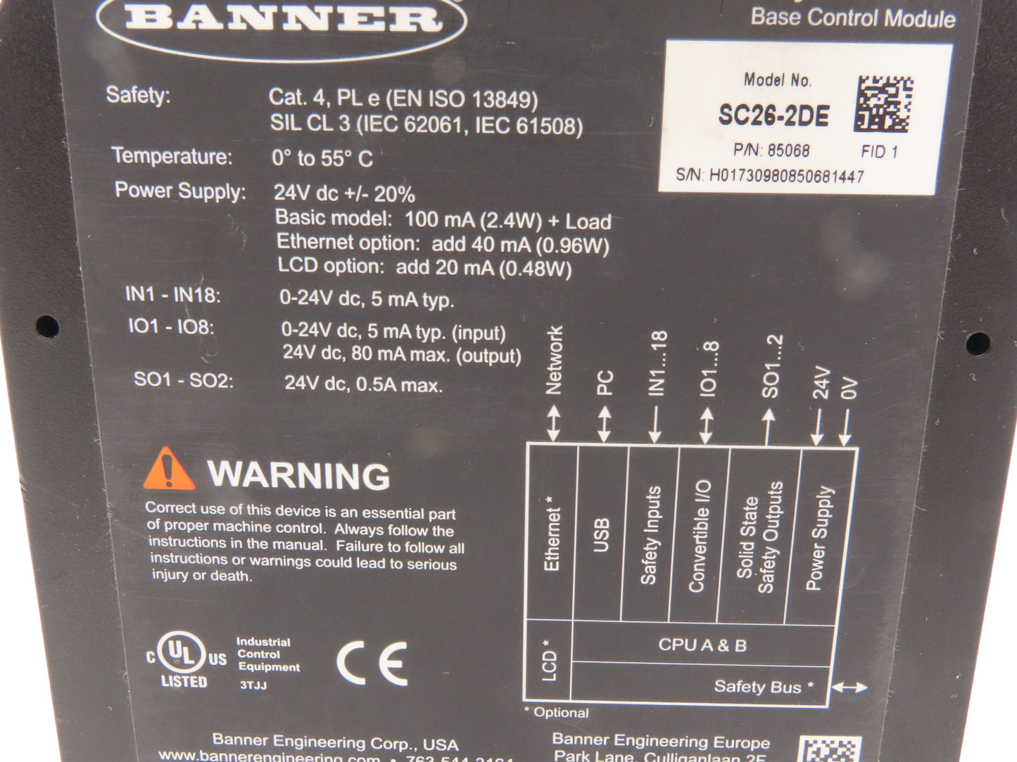 Banner SC26-2DE Non-Expandable Safety Controller Base Module 24VDC w/LCD Display