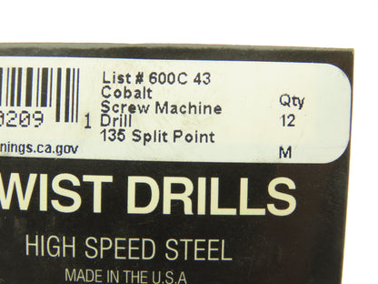 Michigan Drill 600C #43 Twist Drill Bit Screw Machine 135°SP Cobalt  Lot of 84