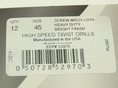 Norseman CTD #45 Twist Drill Bit HSS Screw Machine Bright Finish Lot of 36