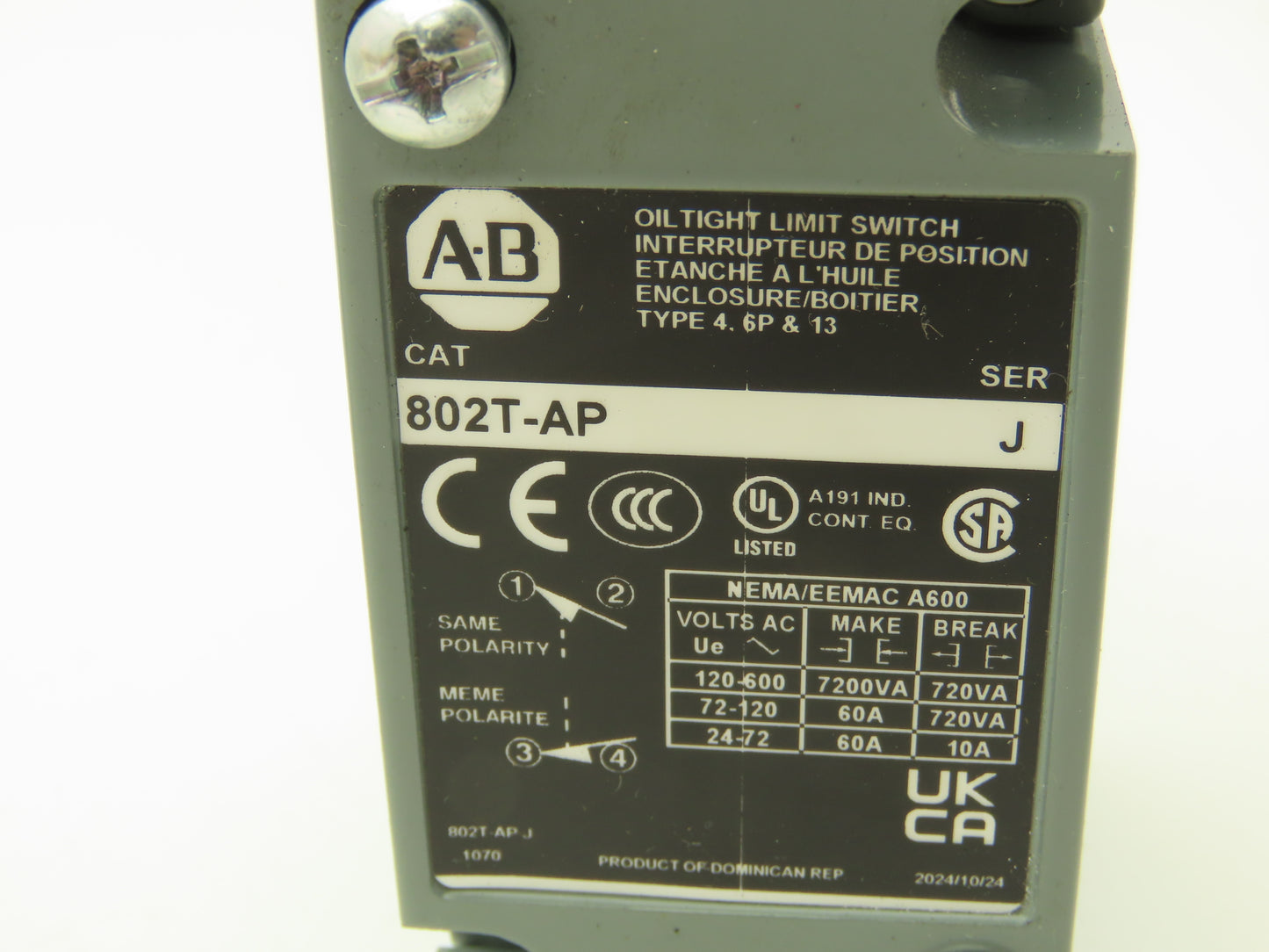 Allen Bradley 802T-AP Oiltight Limit Switch Ser J  -No Operating Head