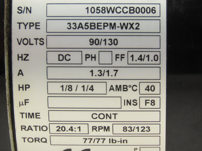 Bodine 33A5BEPM-WX2 DC Motor Only for Gearmotor 1/4Hp 90/130VDC 2500RPM