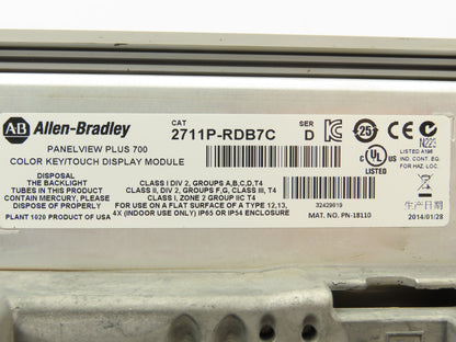 Allen Bradley 2711P-B7C4D8 PanelView Plus 700 Graphic Terminal Touch Screen 24V