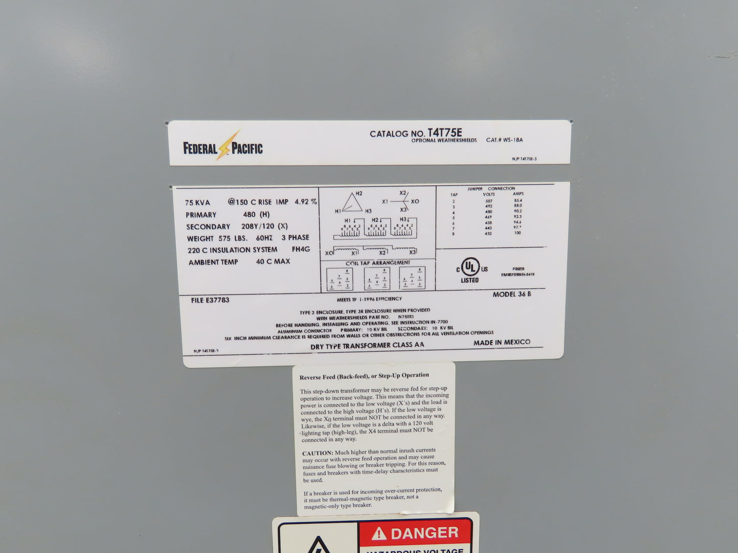 Federal Pacific T4T75E Stepdown Power Transformer 75kva 3Ph HV 480 LV 208Y/120