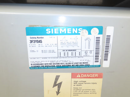 Siemens 3F3Y045 Step Down Transformer 45KVA 3Ph HV 480V Delta LV 208Y/120V Wye