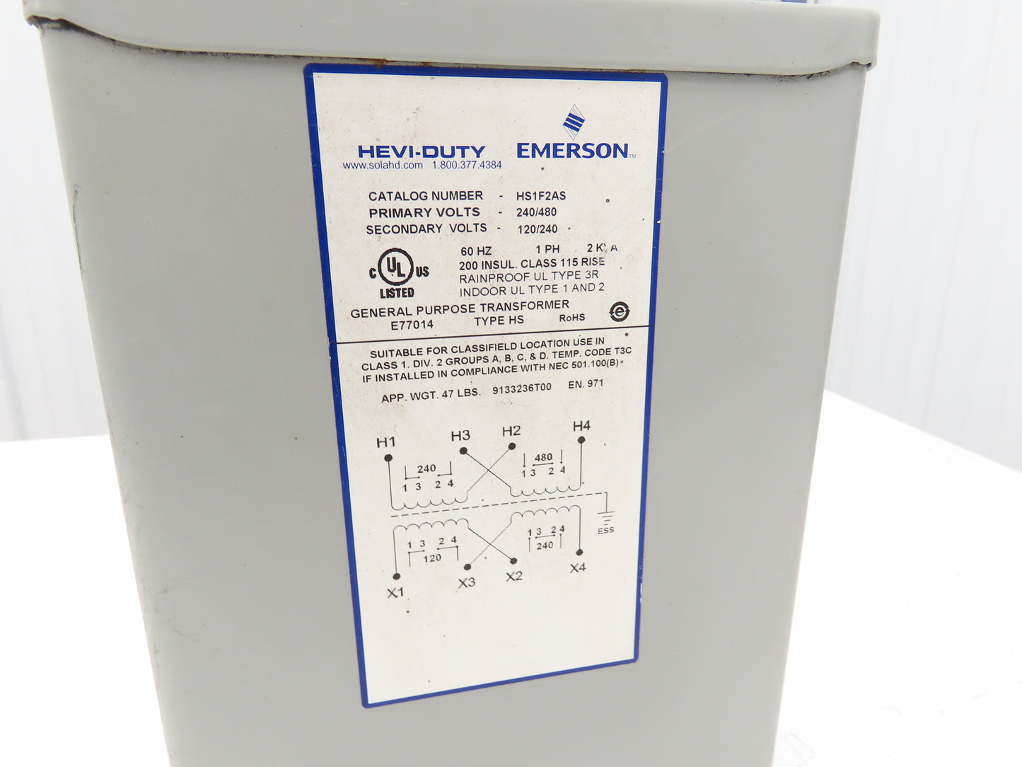 Sola HS1F2AS Step Down Transformer Hevi-Duty 2kva 1Ph HV 240/480 LV 120/240