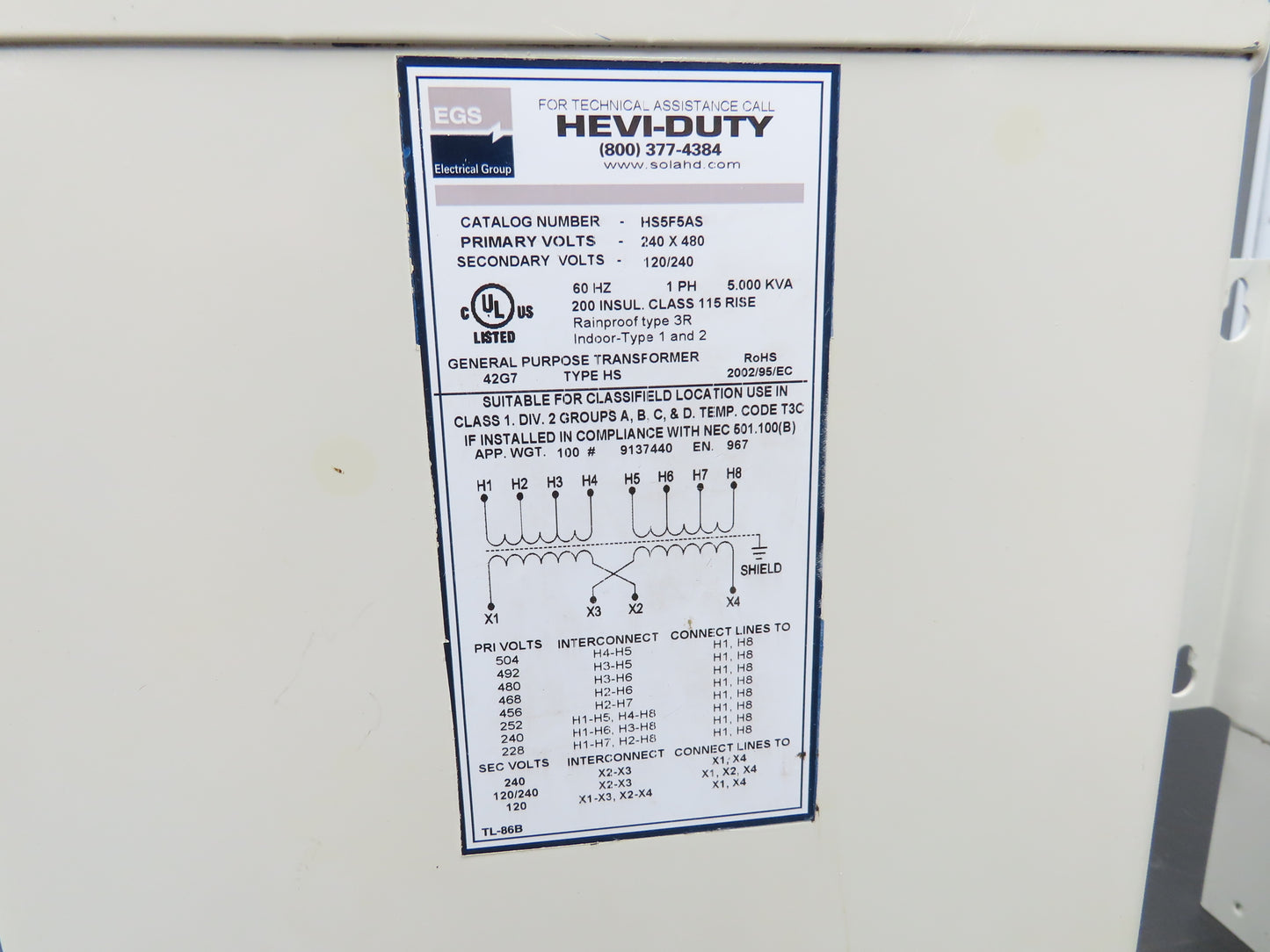 Hevi-Duty Wall Mount Transformer 5KVA 1PH HV 240/480V LV 120/240V Lot of 2