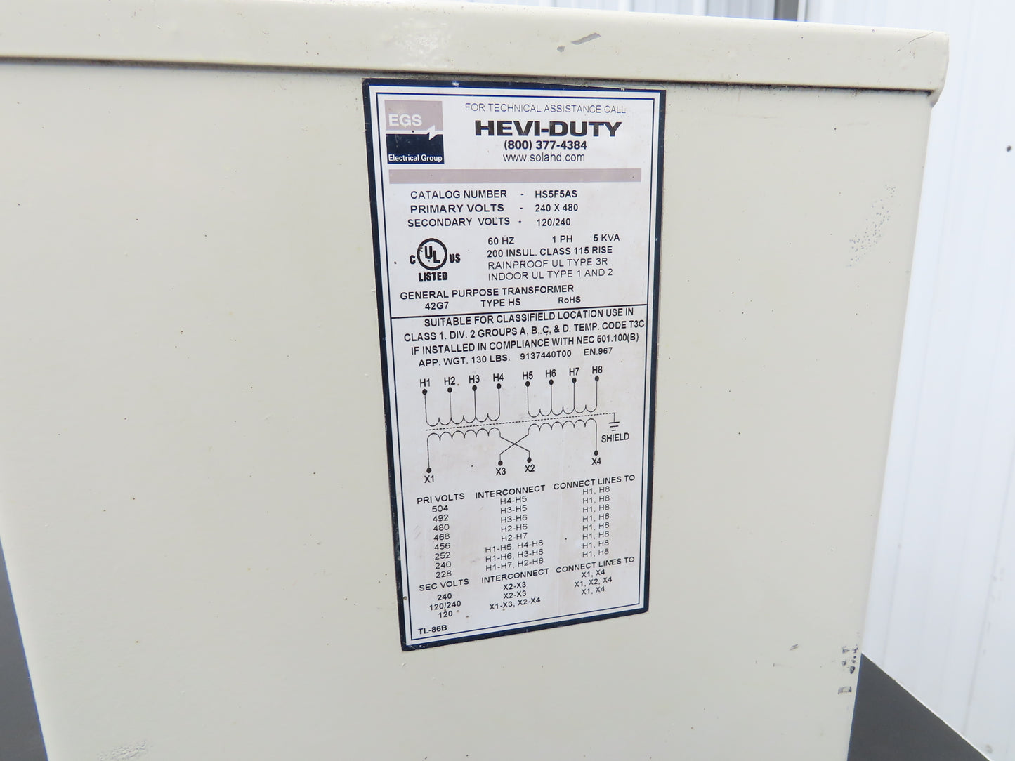 Hevi-Duty Wall Mount Transformer 5KVA 1PH HV 240/480V LV 120/240V Lot of 2