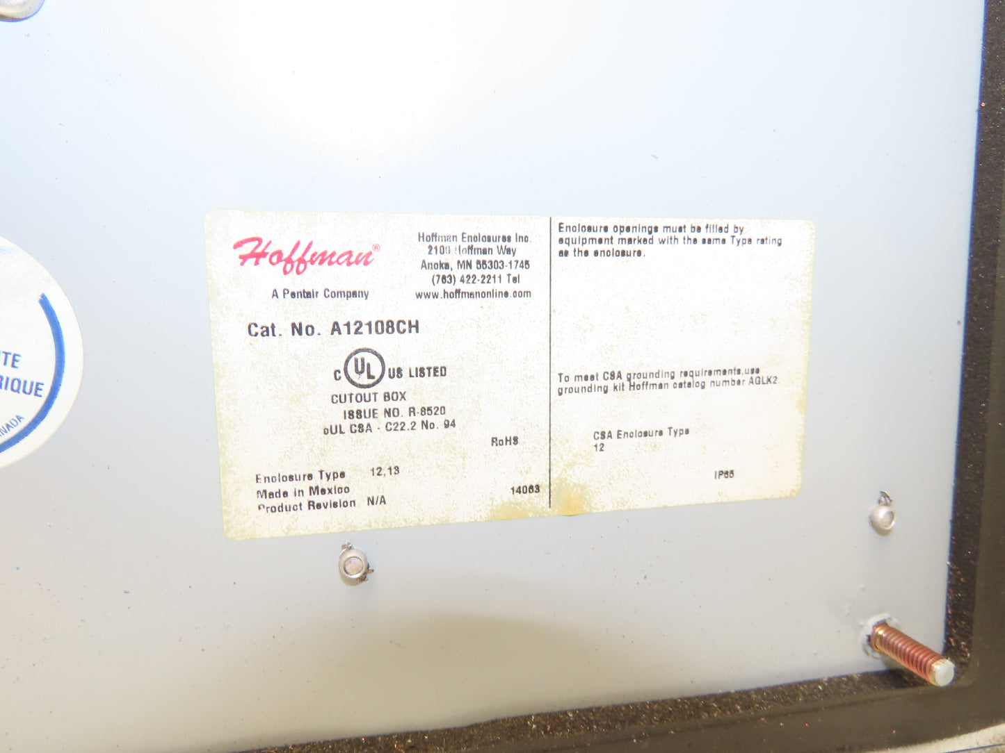 Allen Bradley Fused Disconnect Switch 3Ph 100A 600VAC Hoffman Enclosure 12x10"