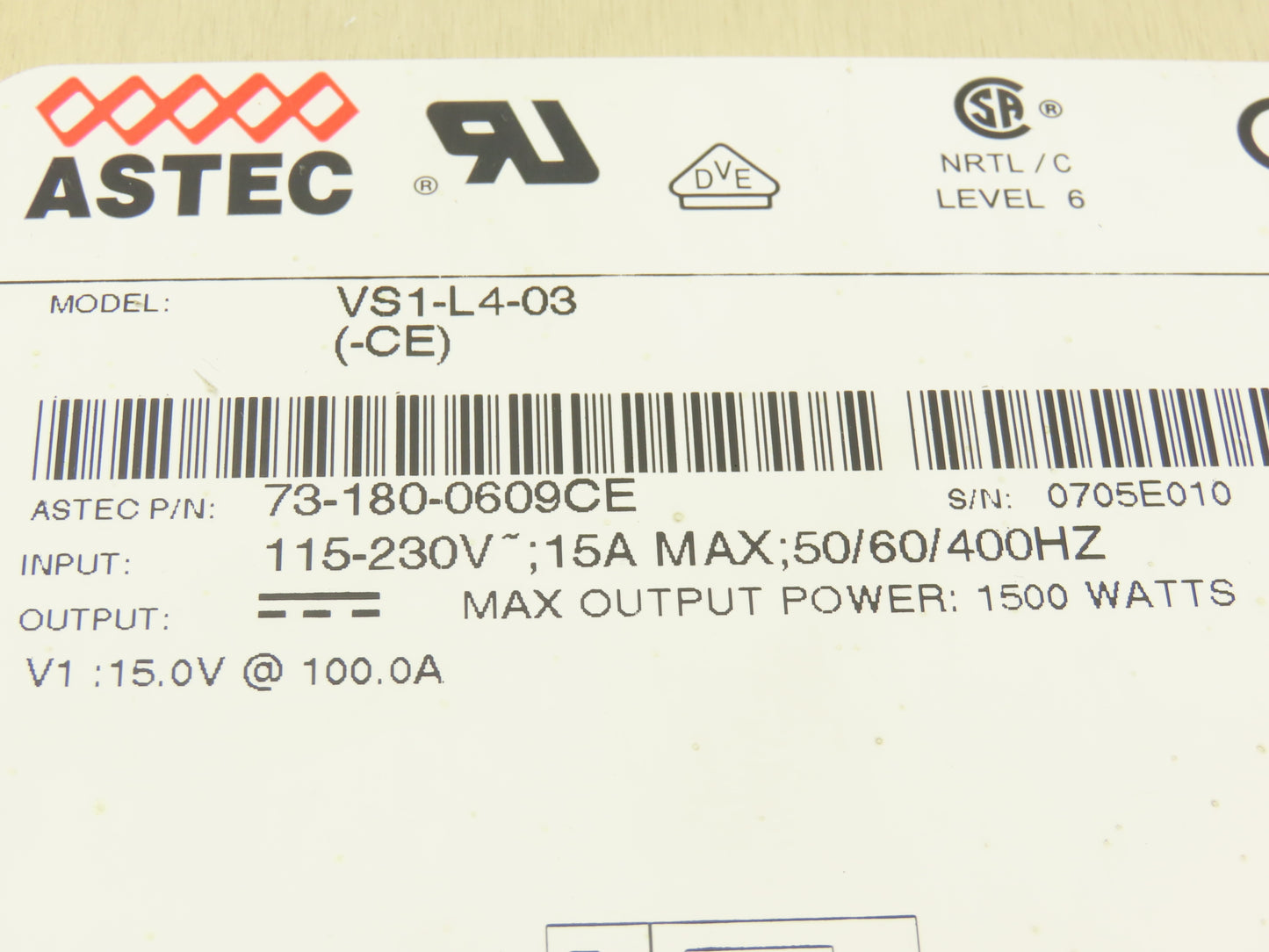 Astec VS1-L4-03(-CE) Power Supply 115-230VAC Input 15V 100A 1500W Output