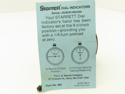 Starrett 25-441/5J Dial Gage Indicator 0-100 Cont .500" Range .001" Grad