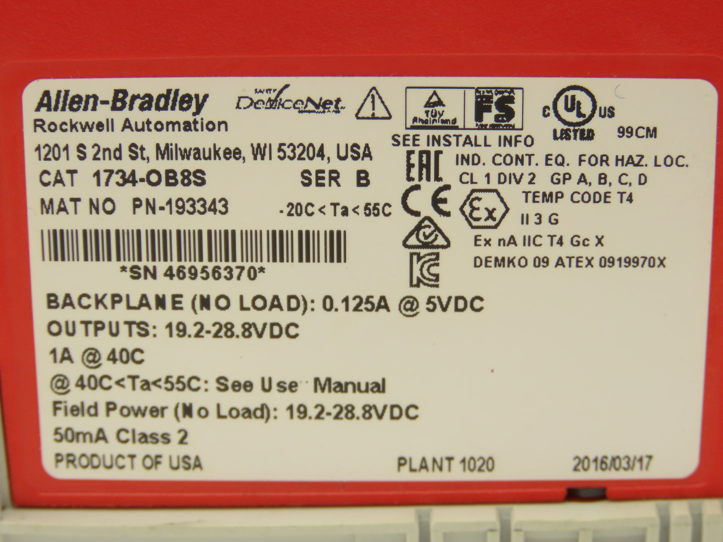 Allen Bradley 1734-OB8S Safety Module Point I/O Guard Input With Modular Base