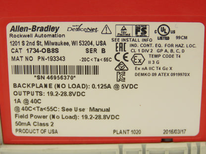 Allen Bradley 1734-OB8S Safety Module Point I/O Guard Input With Modular Base