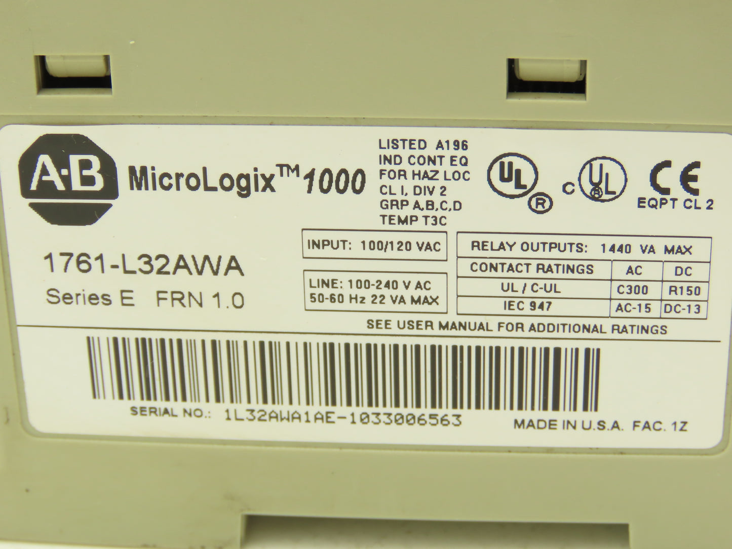 Allen Bradley 1761-L32AWA MicroLogix 1000 PLC Controller 100-240VAC Series E