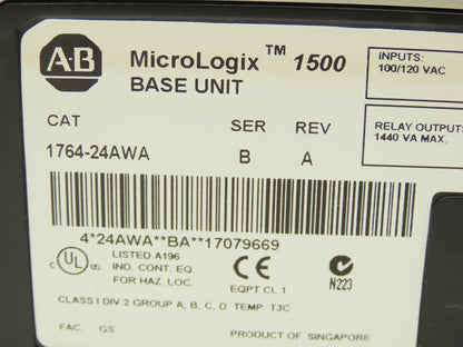 Allen Bradley 1764-24AWA MicroLogix 1500 Base Unit 24 Point Series B Rev A