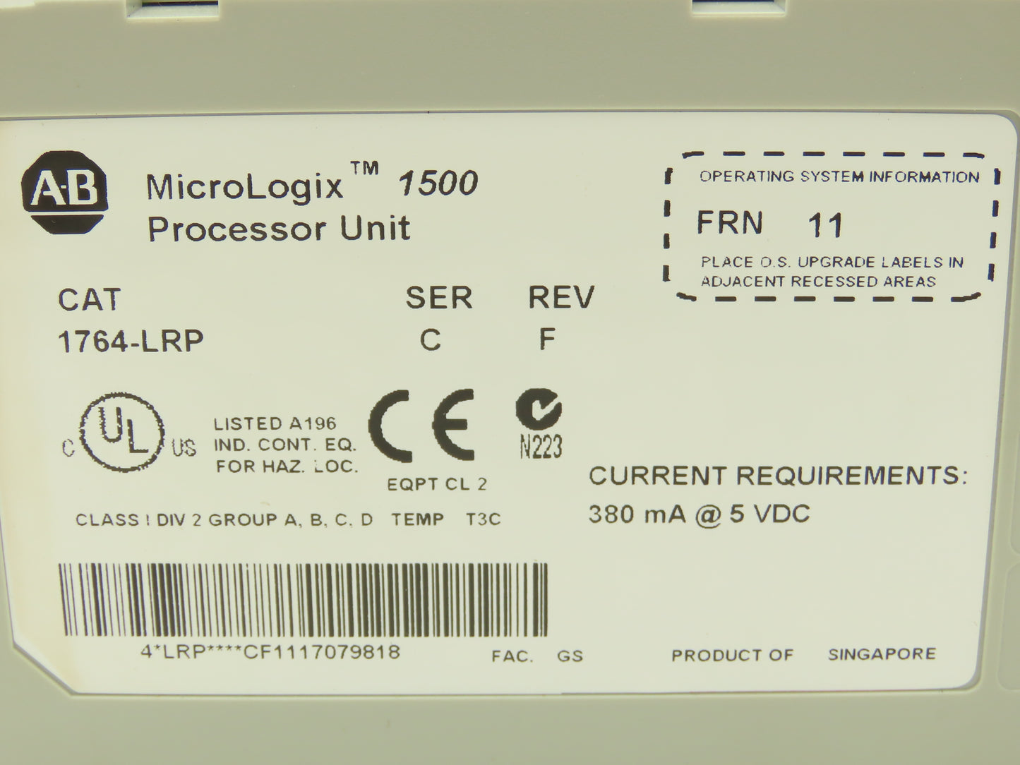 Allen Bradley 1764-LRP MicroLogix 1500 Processor Unit Ser C Rev F FRN 11