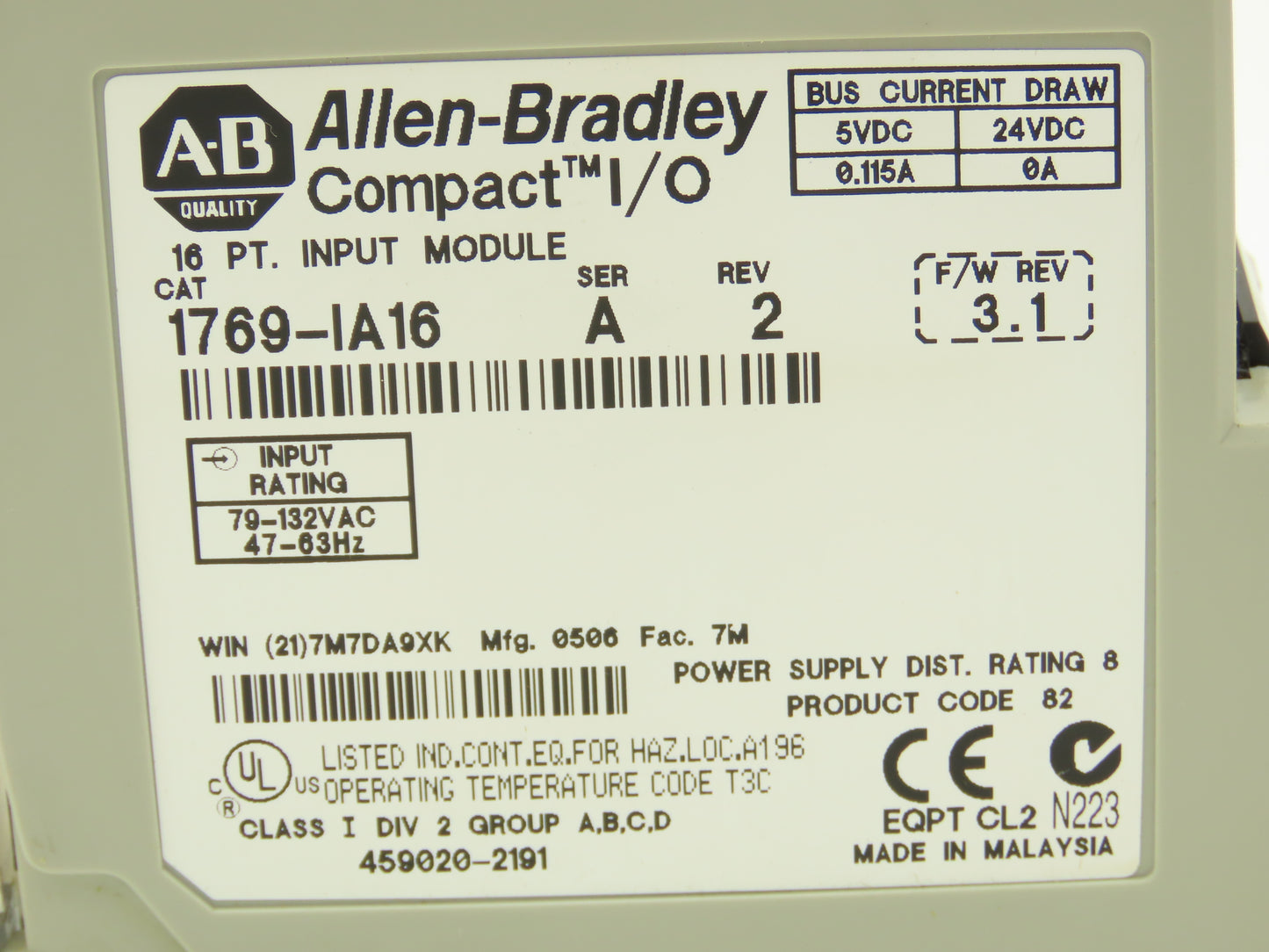 Allen Bradley 1769-IA16 Compact Logix I/O Input Module 16Pt 115VAC Ser A REV 2