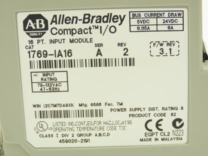 Allen Bradley 1769-IA16 Compact Logix I/O Input Module 16Pt 115VAC Ser A REV 2