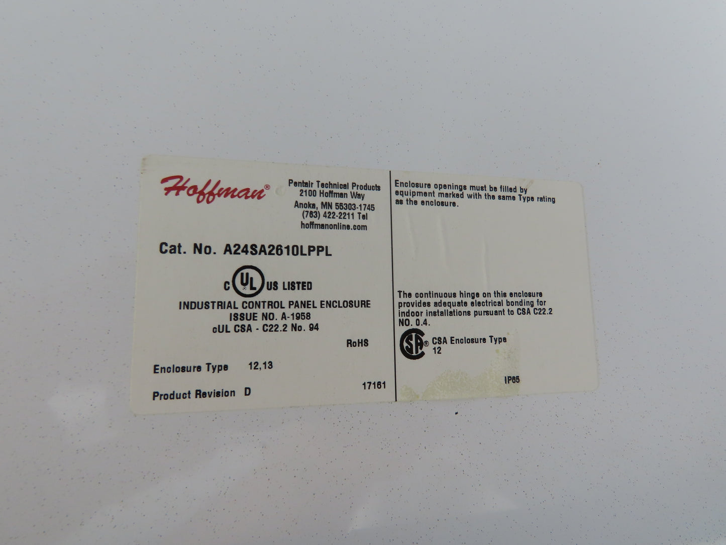 Hoffman A24SA2610 Electrical Enclosure Control Panel JIC 24x26x10" Disconnect