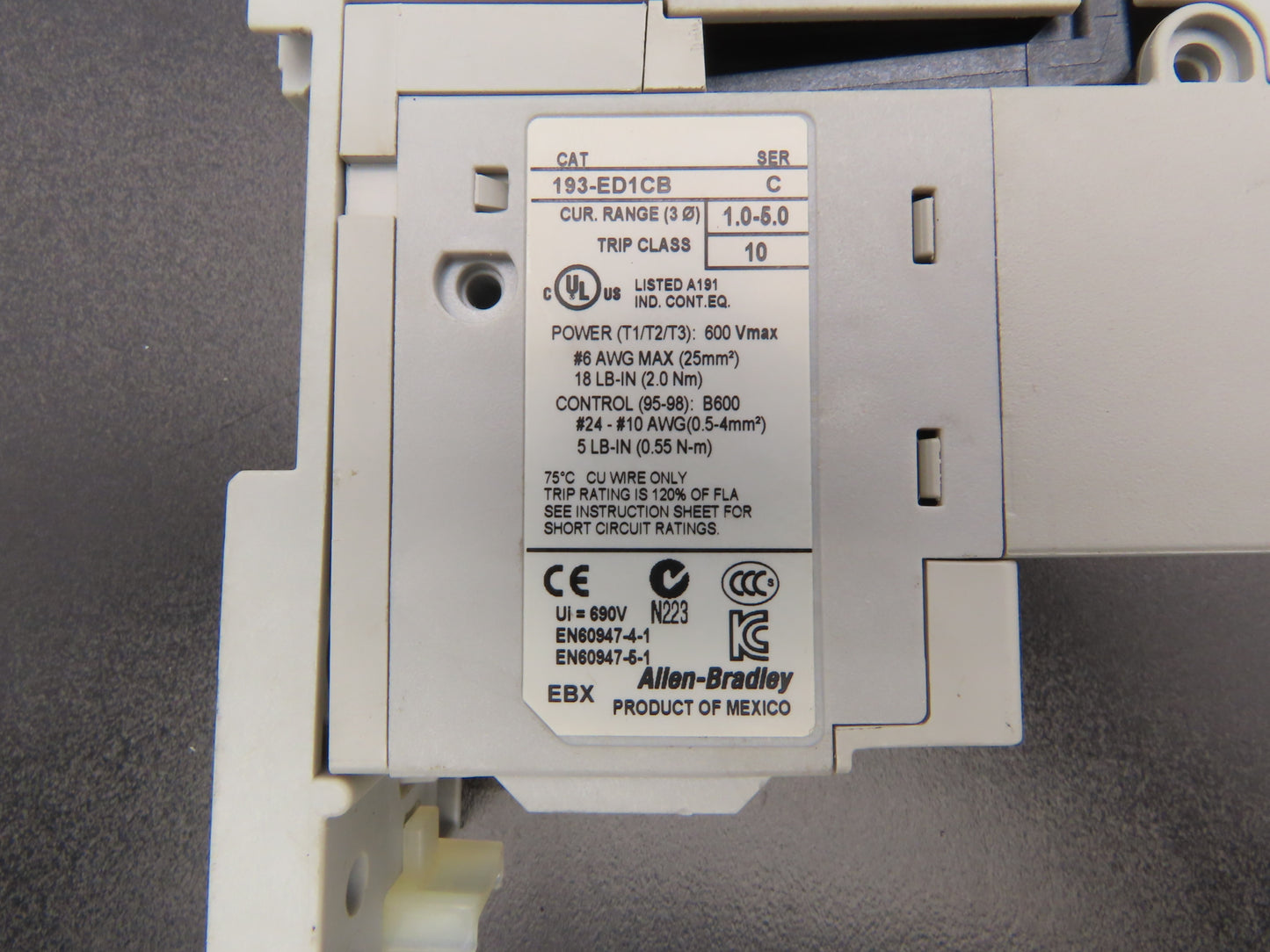 Allen Bradley 193-ED1CB Motor Starter Overload Relay 1-5A Range DIN Adaptor