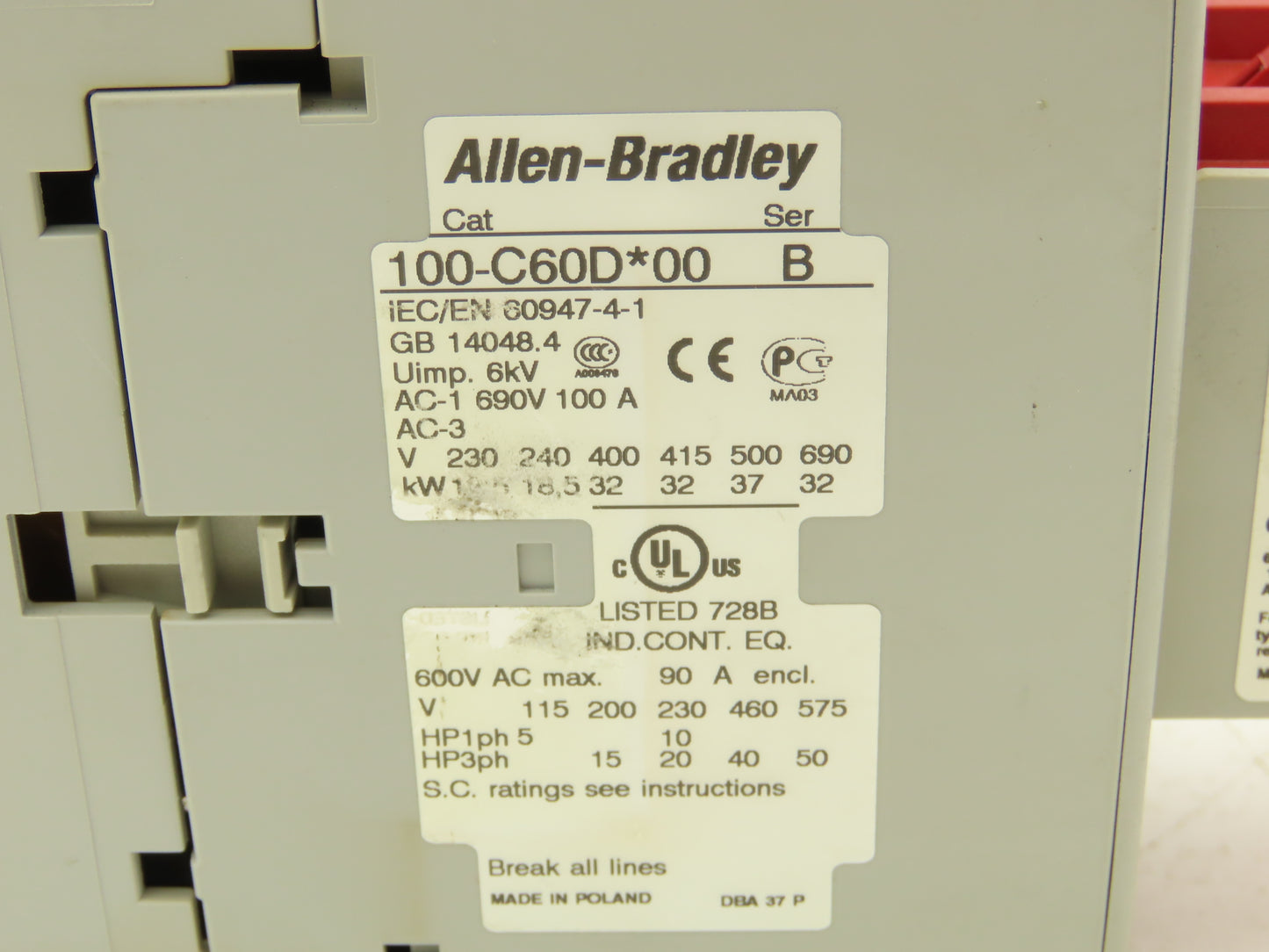 Allen Bradley 100S-C60DJ14C Safety DC Contactor Contact Block 24V Coil 600V 3PH
