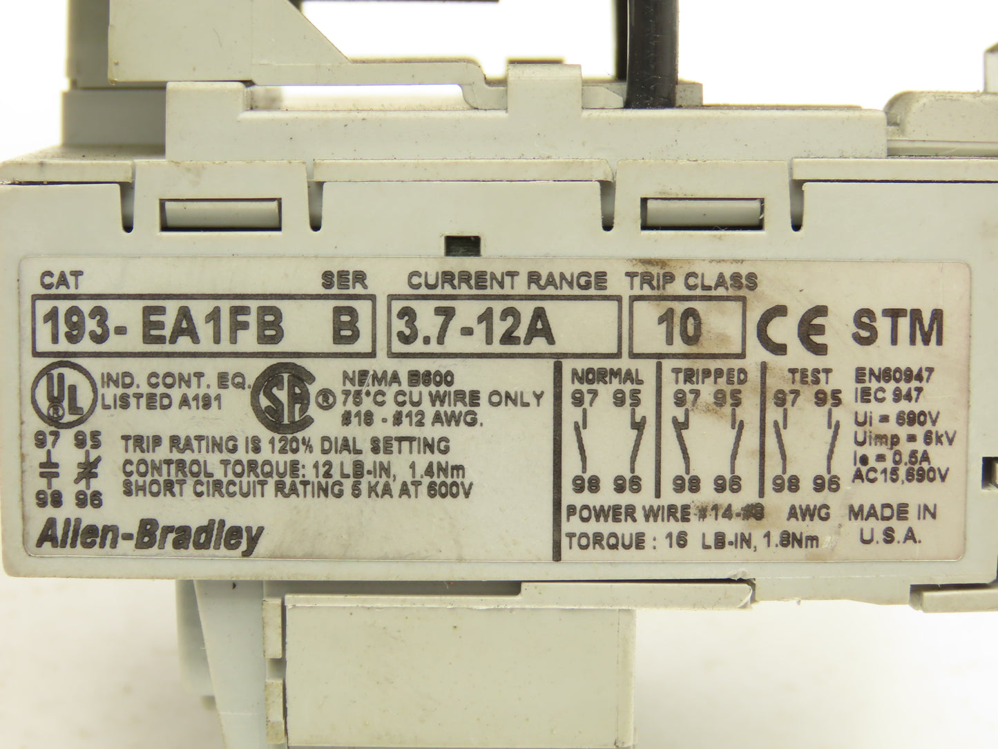 Allen Bradley 193-EA1FB Motor Starter Contactor Overload Relay 3.7-12A 120V Coil