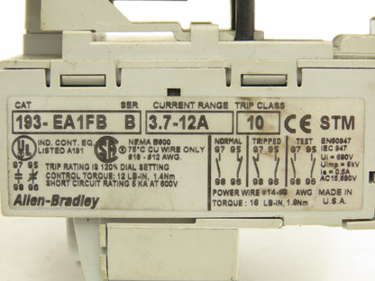 Allen Bradley 193-EA1FB Motor Starter Contactor Overload Relay 3.7-12A 120V Coil