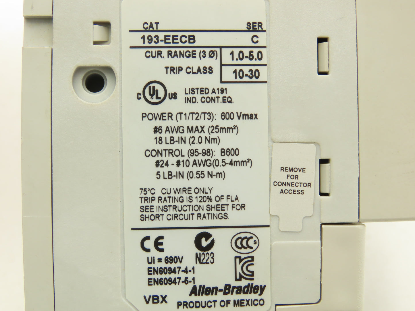 Allen Bradley 193-EECB Motor Starter Contactor Overload Relay 1-5A 120V Coil