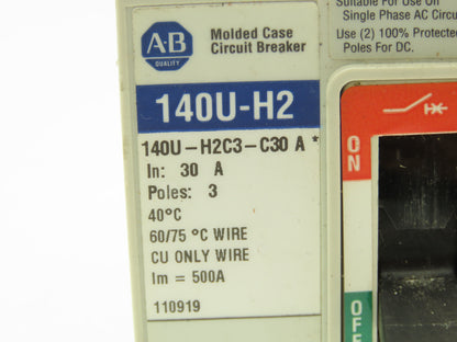 Allen Bradley 140U-H2C3-C30 Circuit Breaker 3P 30A 600V 3PH H-Frame