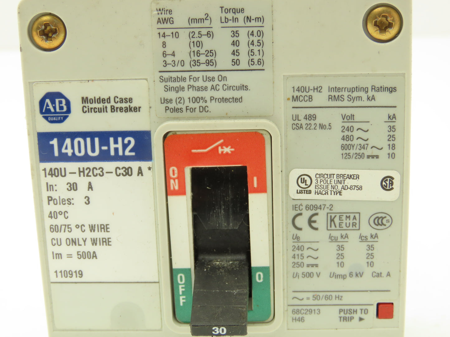 Allen Bradley 140U-H2C3-C30 Circuit Breaker 3P 30A 600V 3PH H-Frame