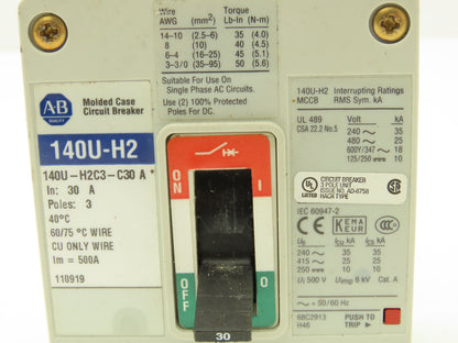 Allen Bradley 140U-H2C3-C30 Circuit Breaker 3P 30A 600V 3PH H-Frame