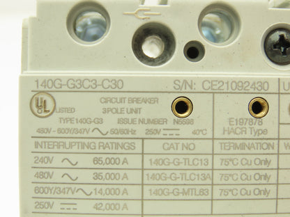 Allen Bradley 140G-G3C3-C30 Circuit Breaker 3P 30A 600V 3PH H-Frame