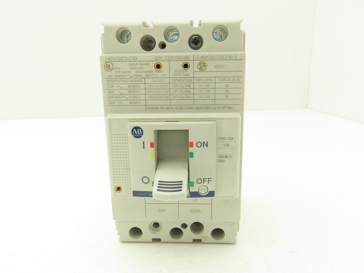 Allen Bradley 140G-G3C3-C30 Circuit Breaker 3P 30A 600V 3PH H-Frame