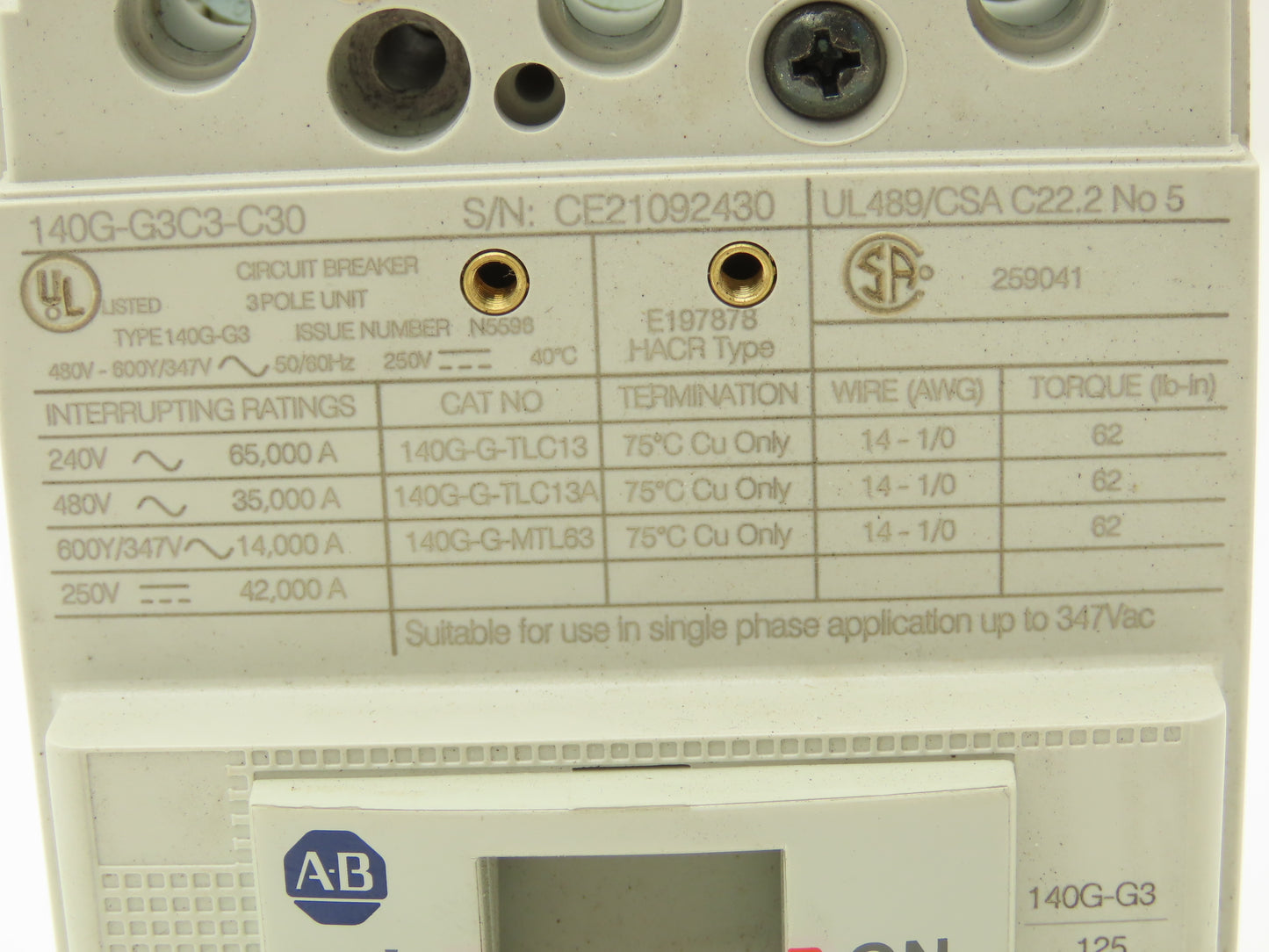 Allen Bradley 140G-G3C3-C30 Circuit Breaker 3P 30A 600V 3PH H-Frame