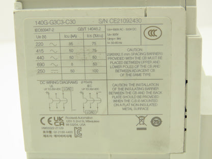Allen Bradley 140G-G3C3-C30 Circuit Breaker 3P 30A 600V 3PH H-Frame
