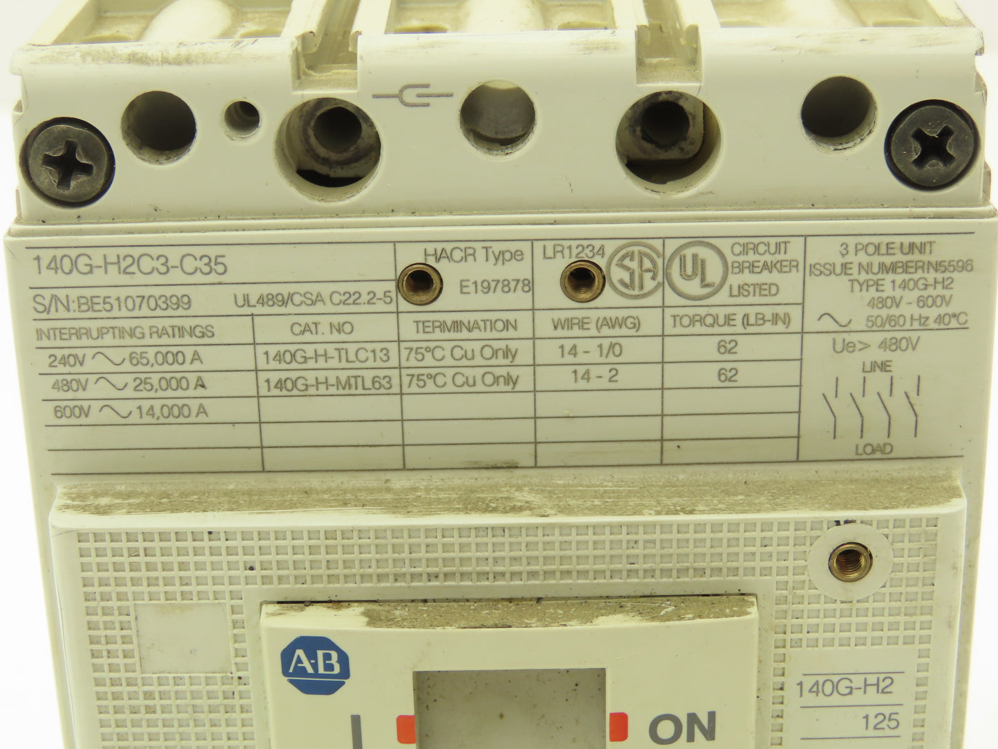 Allen Bradley 140G-H2C3-C35 Circuit Breaker 3P 30A 600V 3PH H-Frame