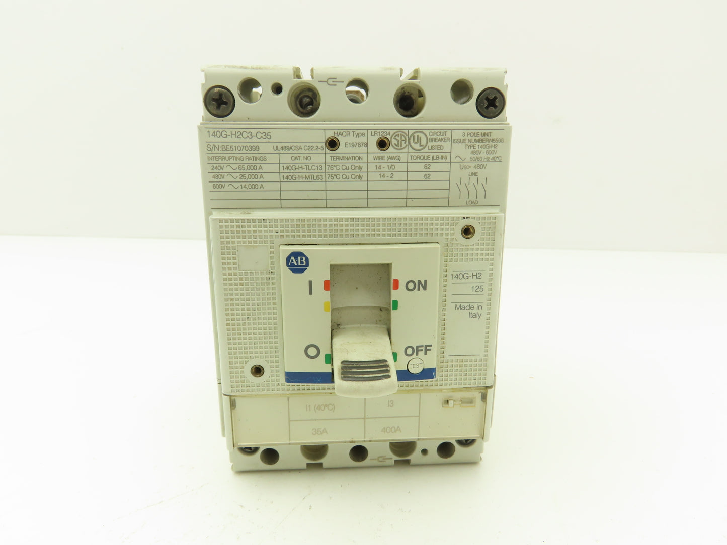 Allen Bradley 140G-H2C3-C35 Circuit Breaker 3P 30A 600V 3PH H-Frame