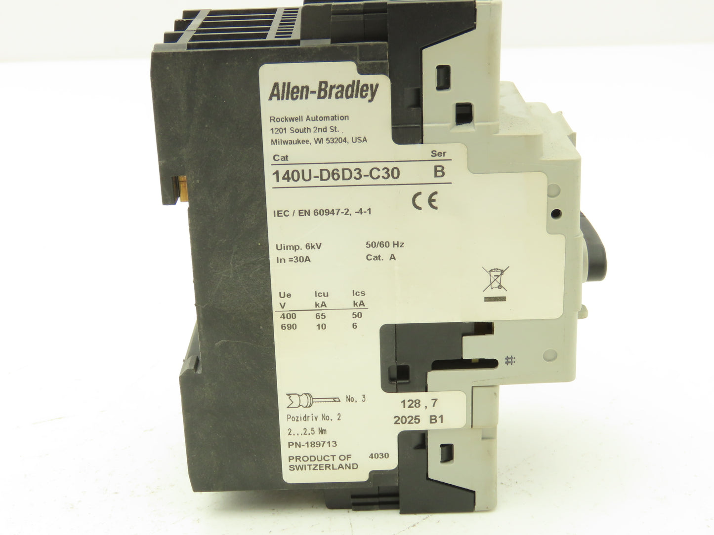 Allen Bradley 140U-D6D3-C30 Manual Motor Starter Circuit Breaker 30A Ser B