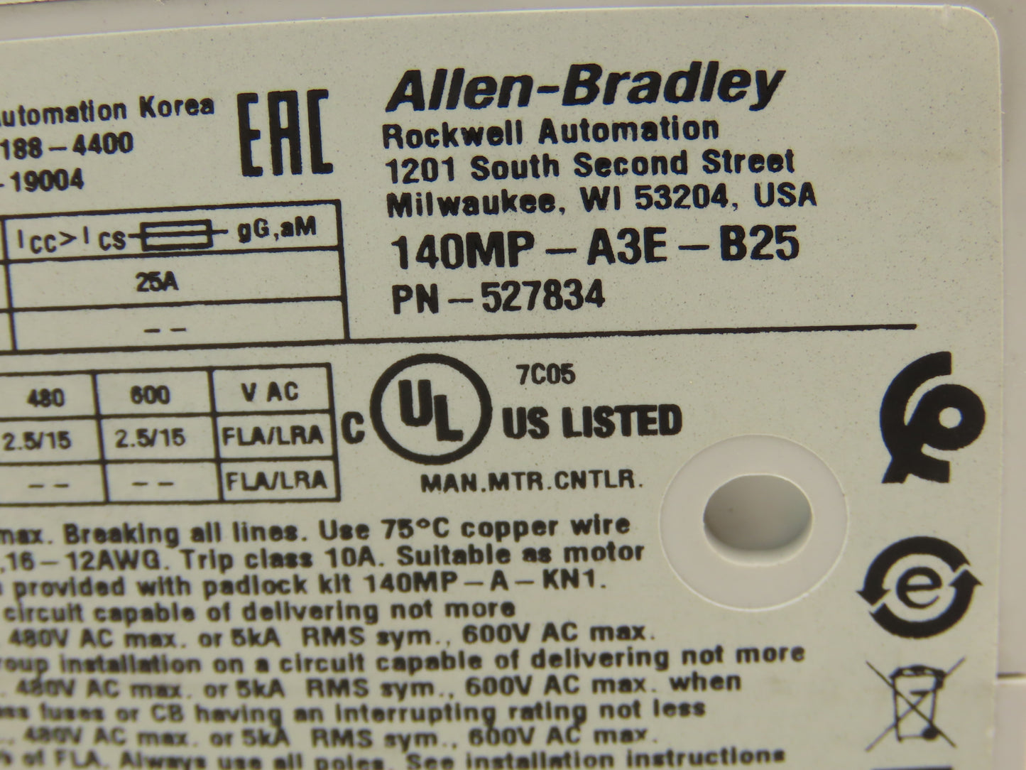 Allen Bradley 140MP-A3E-B25 Manual Motor Starter Circuit Breaker 1.6-2.5A Ser B