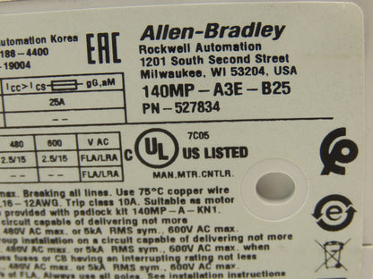 Allen Bradley 140MP-A3E-B25 Manual Motor Starter Circuit Breaker 1.6-2.5A Ser B