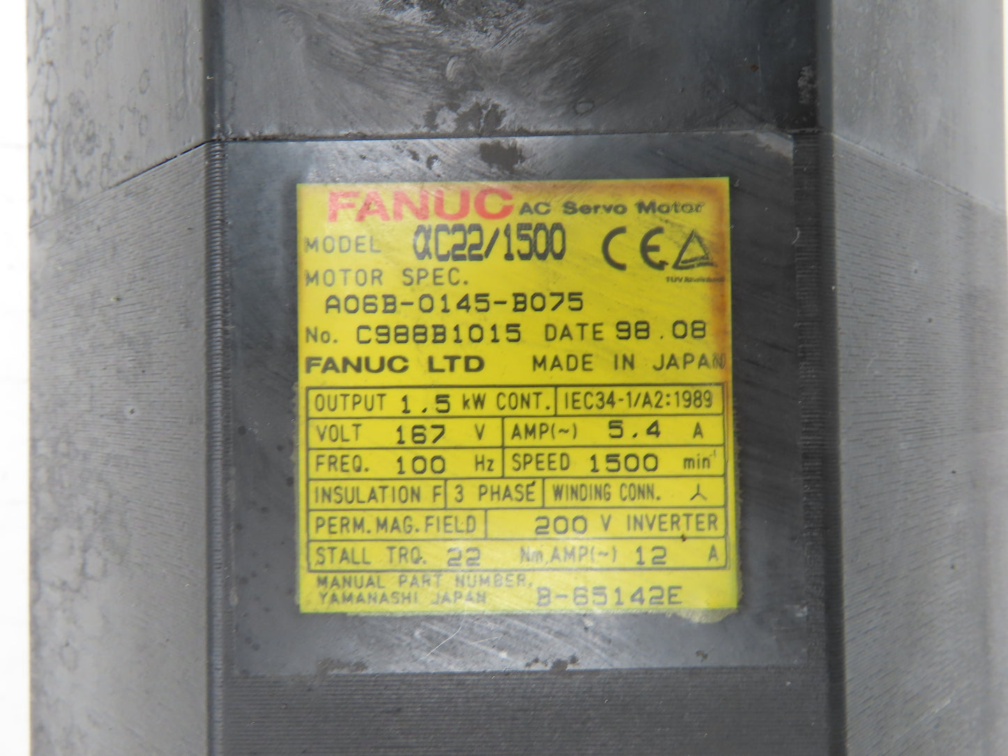 Fanuc A06B-0145-B075 AC Servo Motor 1.5Kw 167V 1500RPM Encoder A860-0360-V501