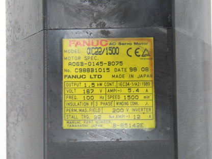 Fanuc A06B-0145-B075 AC Servo Motor 1.5Kw 167V 1500RPM Encoder A860-0360-V501