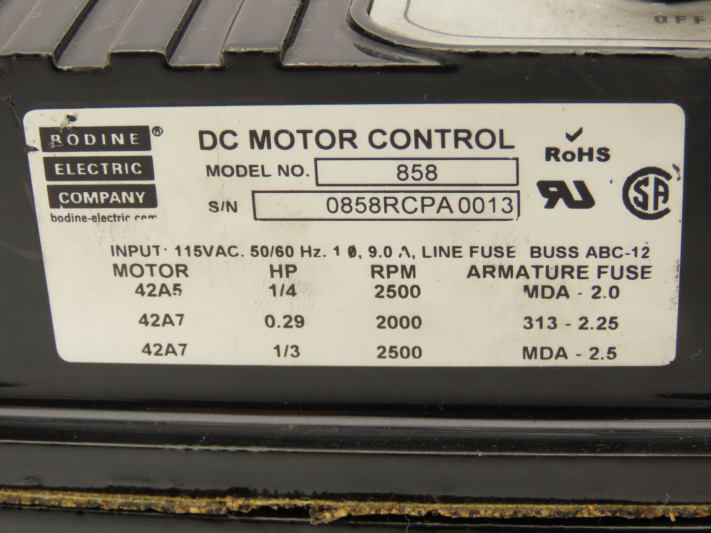 Bodine Model 858 Type FPM DC Motor Adjustable Speed/Torque Control 1/3Hp 115VAC