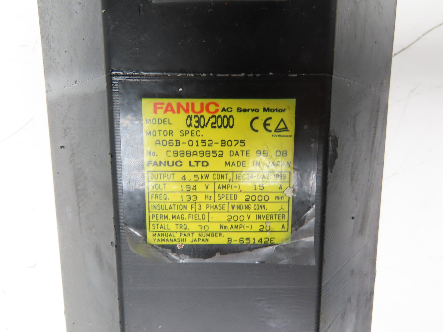 Fanuc A06B-0152-B075 AC Servo Motor 4.5Kw 194V 2000RPM Encoder A860-0360-V501