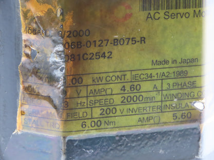 Fanuc A06B-0127-B075-R AC Servo Motor 1Kw 140V 2000RPM Encoder A860-0360-V501