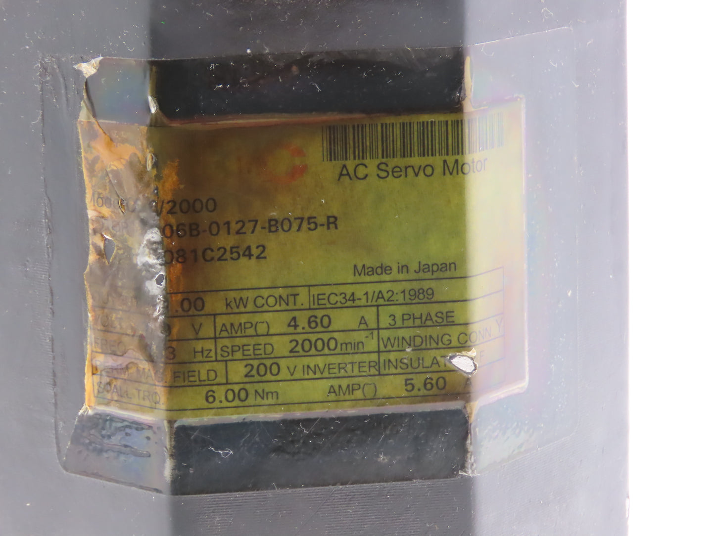 Fanuc A06B-0127-B075-R AC Servo Motor 1Kw 140V 2000RPM Encoder A860-0360-V501