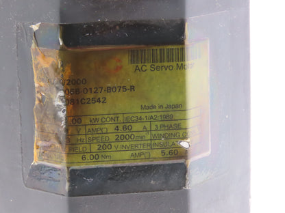 Fanuc A06B-0127-B075-R AC Servo Motor 1Kw 140V 2000RPM Encoder A860-0360-V501