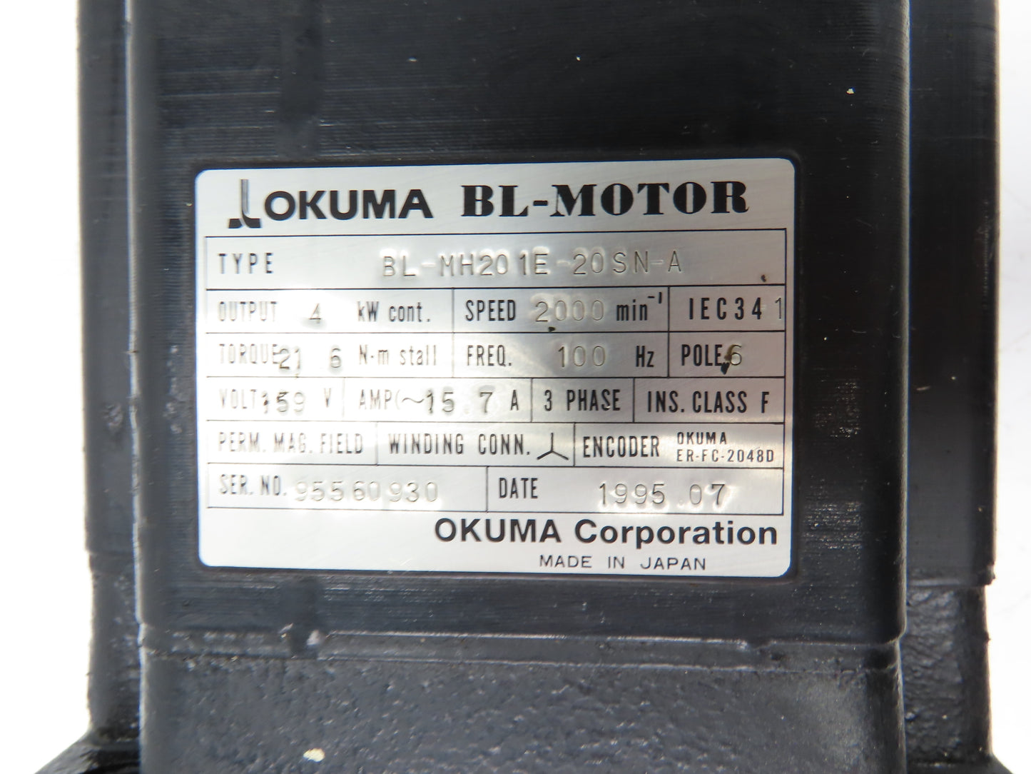 Okuma BL-MH201E-20SN-A AC Servo Motor 4kW 2000 RPM 159V 3PH Encoder ER-FC-2048D