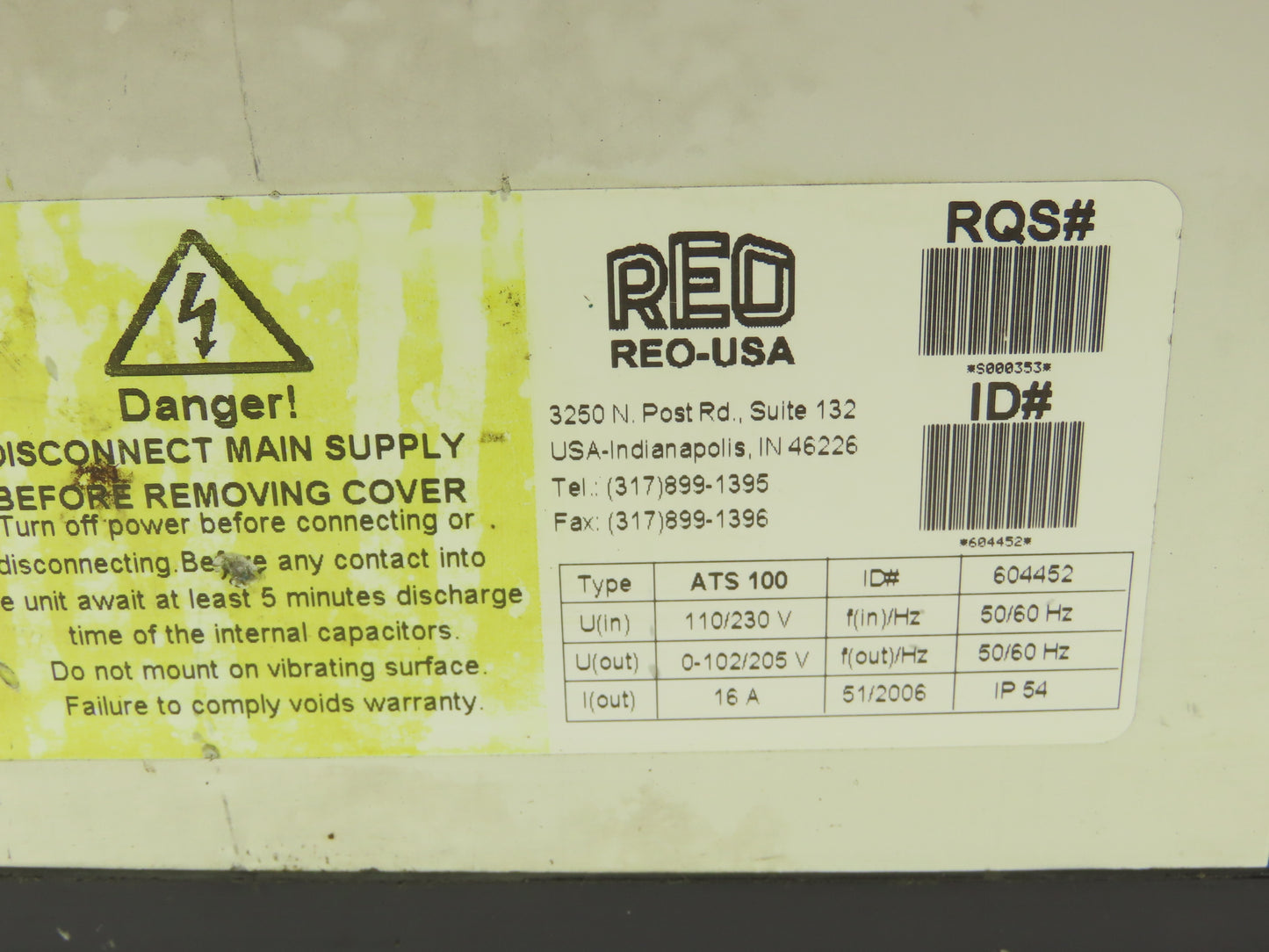 REO USA REOVIB ATS 100 Phase Angle Vibratory Frequency Controller 110/230V