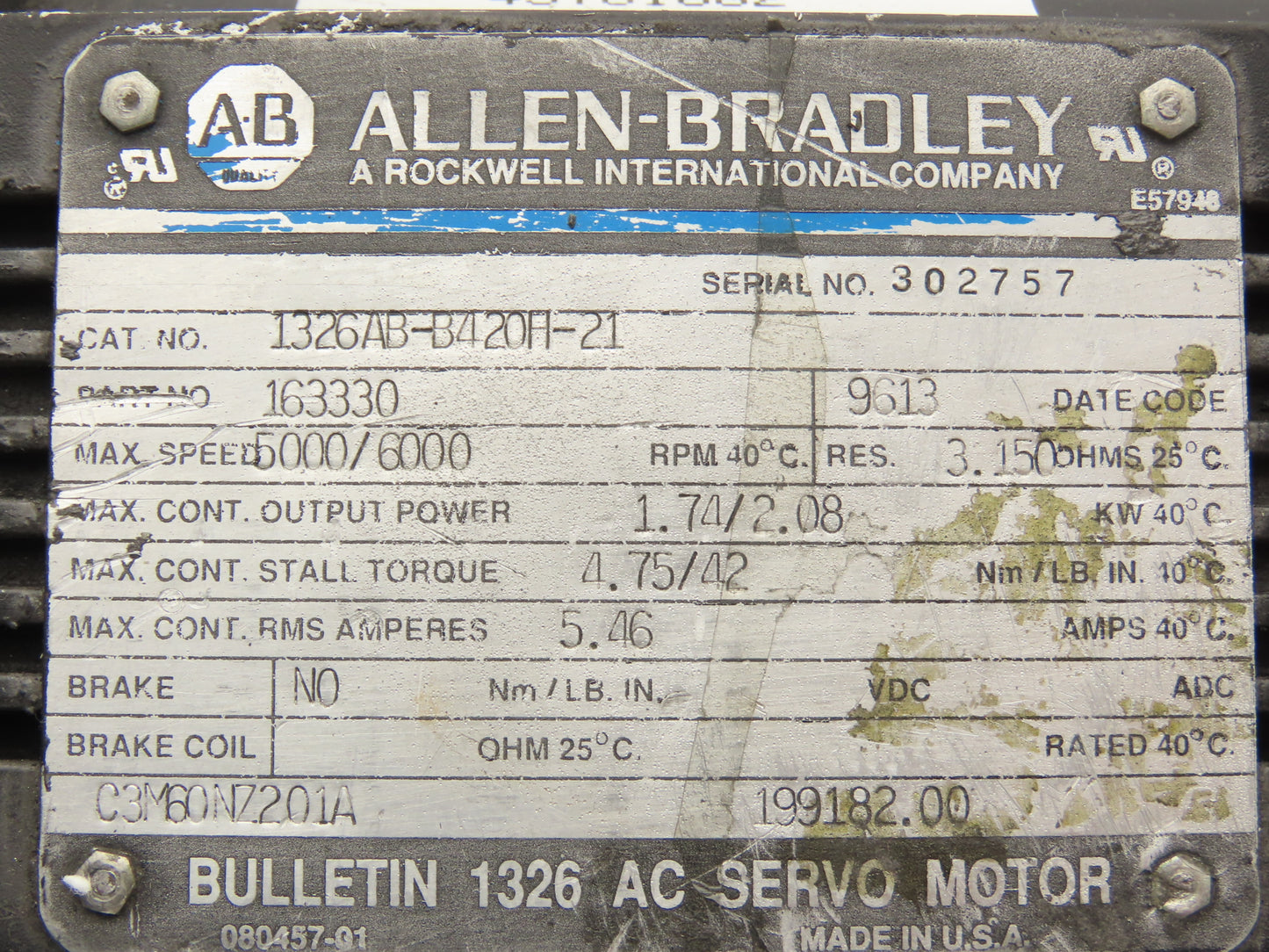 Allen Bradley 1326AB-B420H-21 Servo Motor 1.74/2.08kW 5000/6000RPM