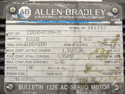 Allen Bradley 1326AB-B420H-21 Servo Motor 1.74/2.08kW 5000/6000RPM